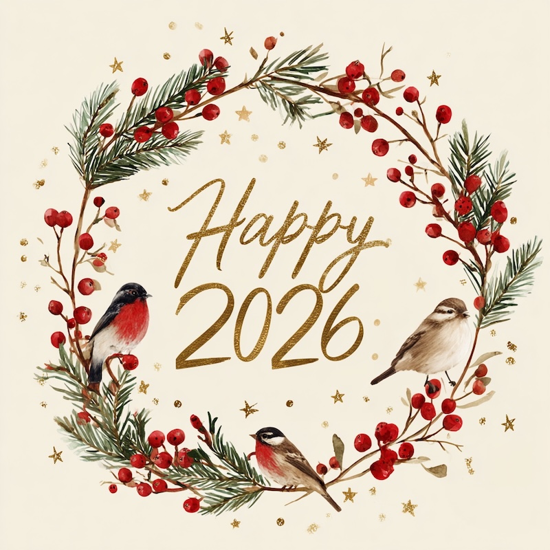 Midjourney 7 AI art: Elegant golden calligraphy Happy 2026 surrounded by pine branches, red berries, snow birds, gold stars, minimalist luxury holiday design, sophisticated and serene atmosphere, premium greeting card illustration