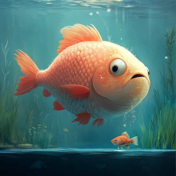 Midjourney6.1 AI art, A big and a small fish cartoon