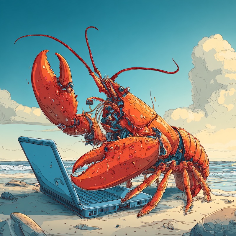 Midjourney 7.0, AI-art with the prompt: a gigantic lobster holds a laptop in its huge open claw, cartoon maritime and technology theme, HD 