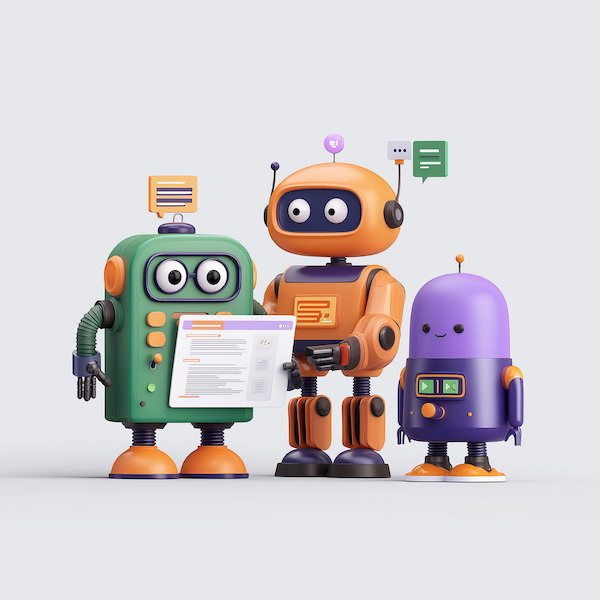 Midjourney 7.0: Green debugging robot, orange teacher bot, purple architect AI floating around programmer, HD