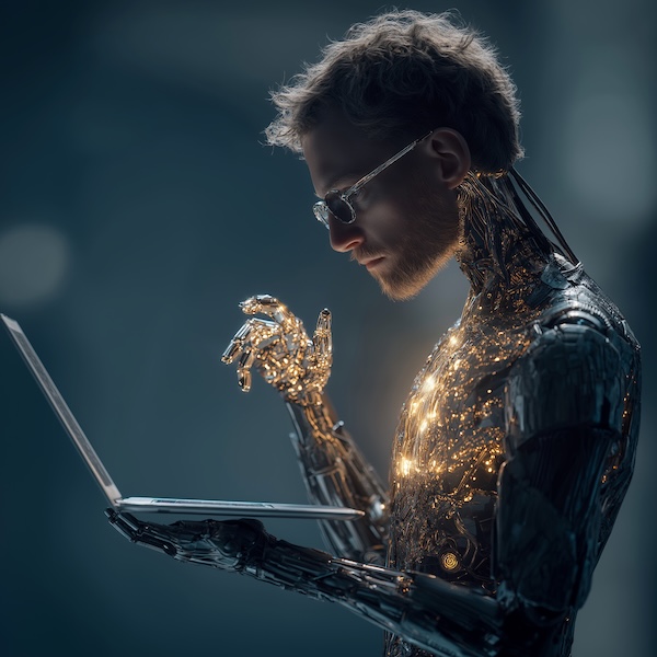 Midjourney 7.0: a cyborg holds a laptop in his hand and looks at it, HD