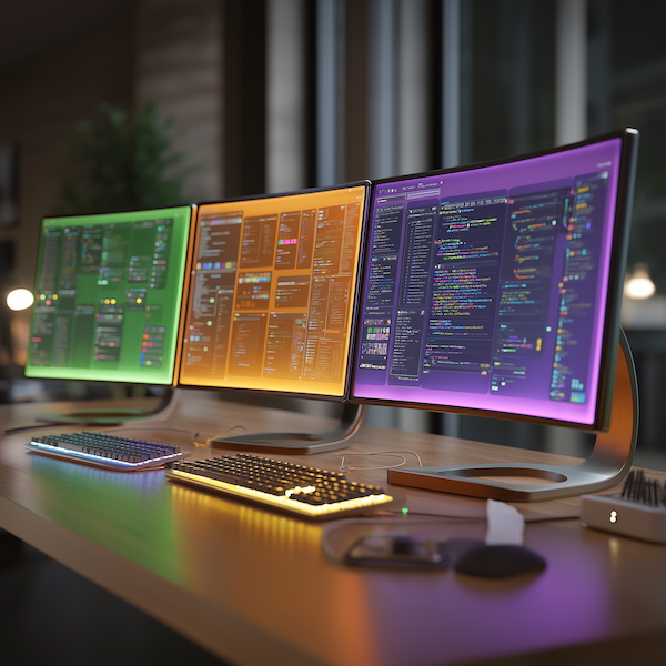 Midjourney 7.0: Three glowing monitors: green Gemini, orange ChatGPT, purple Claude interfaces and an ergonomic keyboard for geeks, HD