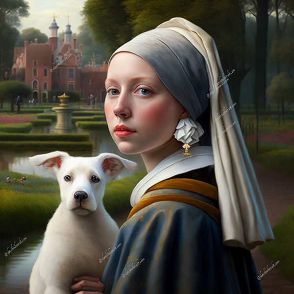 Girl with a pearl earring walks in a park with white dog, variations by Midjourney