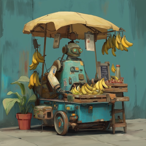 Midjourney 7.0: a bot sells bananas on a market, HD