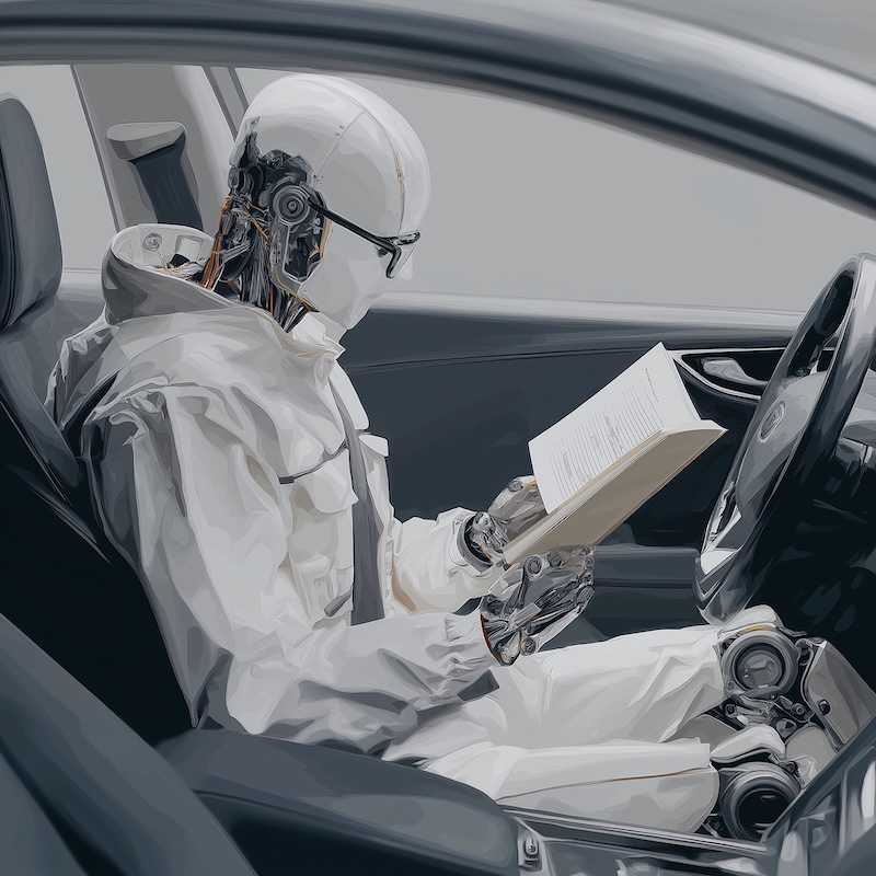 Midjourney 7.0: a lab-coated AI hopping into a self-driving car while reading safety rules