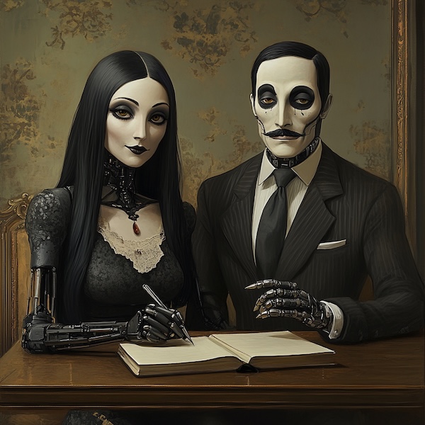 Midjourney 6.1: An AI cyborg lady (resembling Morticia Adams) sits at the table in front of a man (resembling Gomez Addams), both of whom write in notebooks. realistic, HD