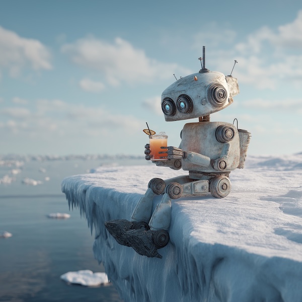 Midjourney 7.0: An artificial intelligence bot sits on a gigantic iceberg at the North Pole and holds a refreshing cocktail in hand, realistic, HD -