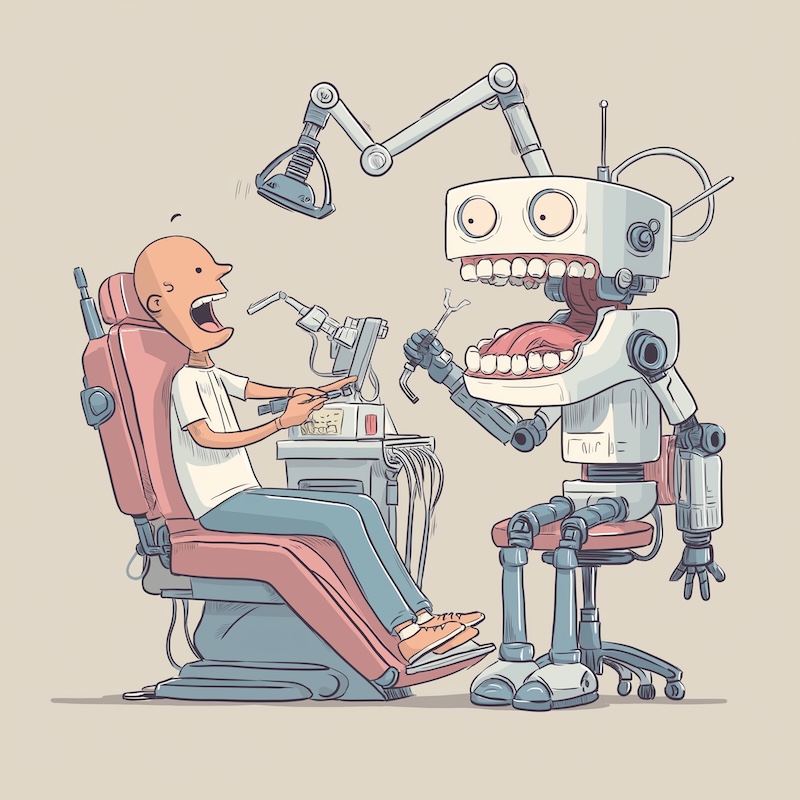 Midjourney 7.0: a big dentist chair with a patient mouth ajar while a friendly AI dentist bot works with a teeth drill, HD