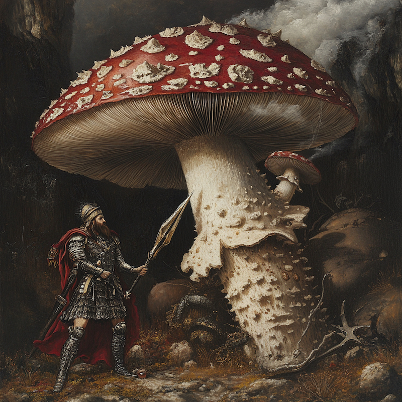 Midjourney 6.1, November 2024, Saint George fights with a gigantic mushroom, HD