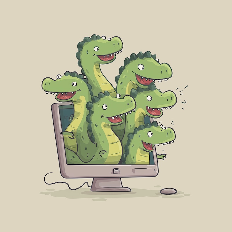 Midjourney 7.0: A cute and funny cartoon hydra with many heads gets out of a computer screen, HD