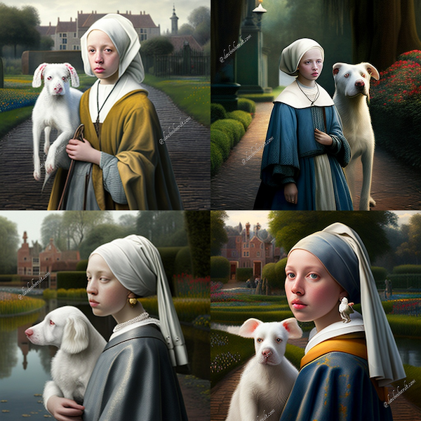 Girl with a pearl earring walks in a park with white dog, Midjourney