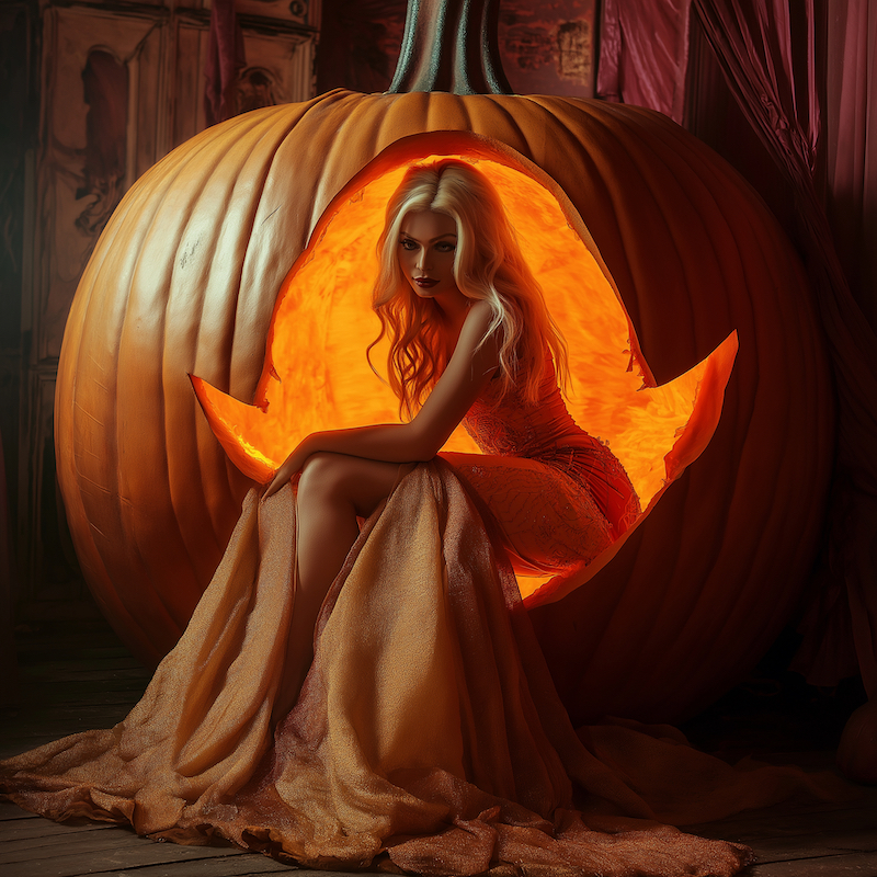 Midjourney AI art, a beautiful lady gets out of a gigantic Halloween pumpkin, ambient light, HD --v 6.1