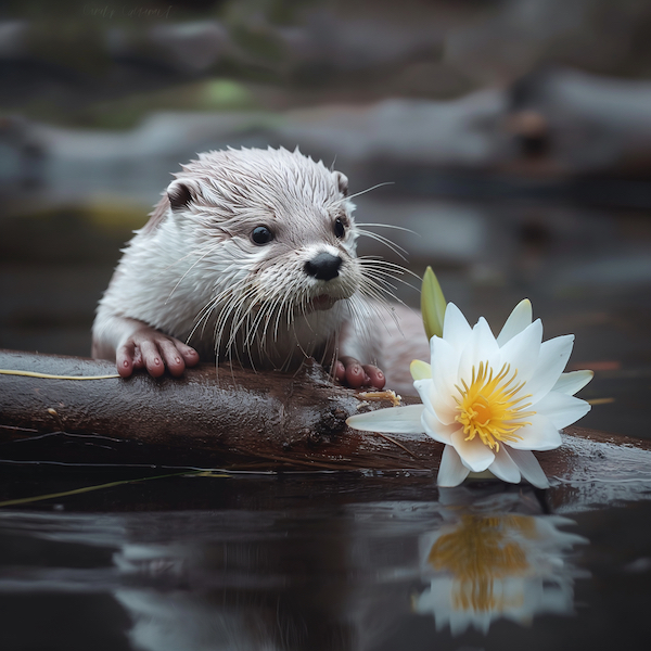 Midjourney AI-generated art, June 2024: An otter collects logs in lake, HD, Canon camera lens