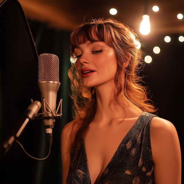 Midjourney 6.1: podcast studio with a beautiful presenter speaking on a professional microphone, HD