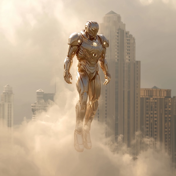 Midjourney 7.0: An AI superhero floats above a skyscraper and looks at us, HD --v 7.0