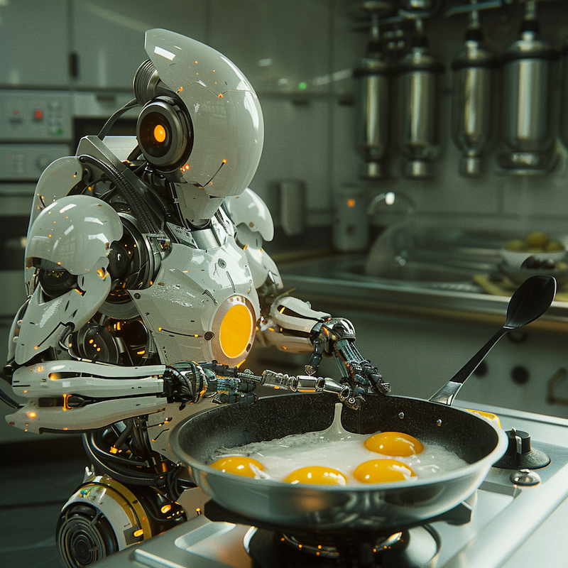 Midjourney AI art, April 2024, Home robot cooks eggs sunny side up
