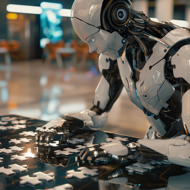 AI robots play a grand puzzle, Midjourney 6.0 art, February 2024