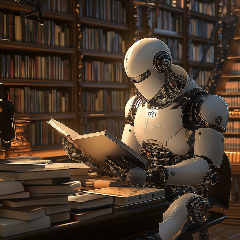 Midjourney 6.1: robot writers write books in an extensive library surrounded by books, HD, super-realistic