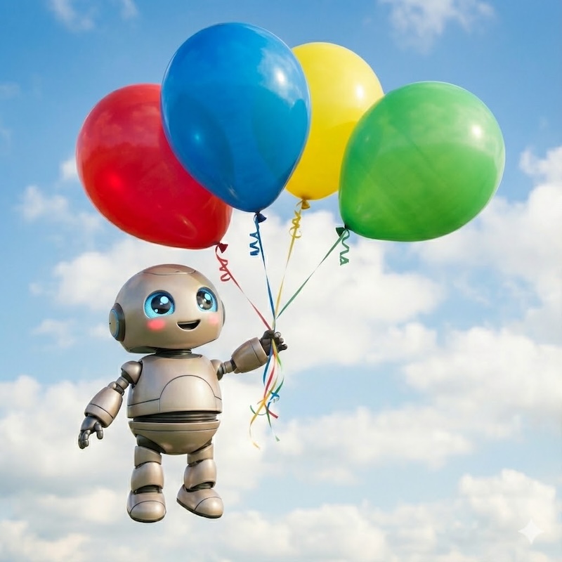Google Gemini (using the Nano Banana): A cute, happy AI robot toddler floating in the sky holding four colourful balloons. High definition, realistic texture, 1:1 aspect ratio