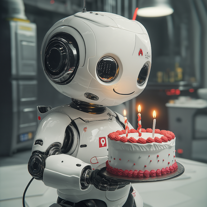 Midjourney 6.1: 3 years toddler robot has a birthday cake, HD, super realistic