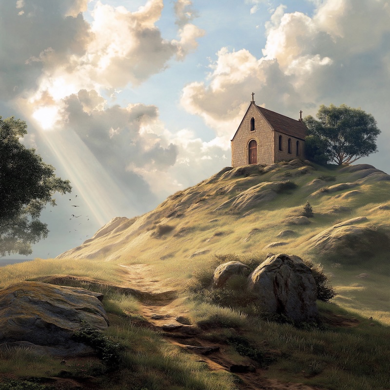 Midjourney 7.0: a little chappel on a hill with hanging cloulds and a light ray going from the clous, HD, super-realistic