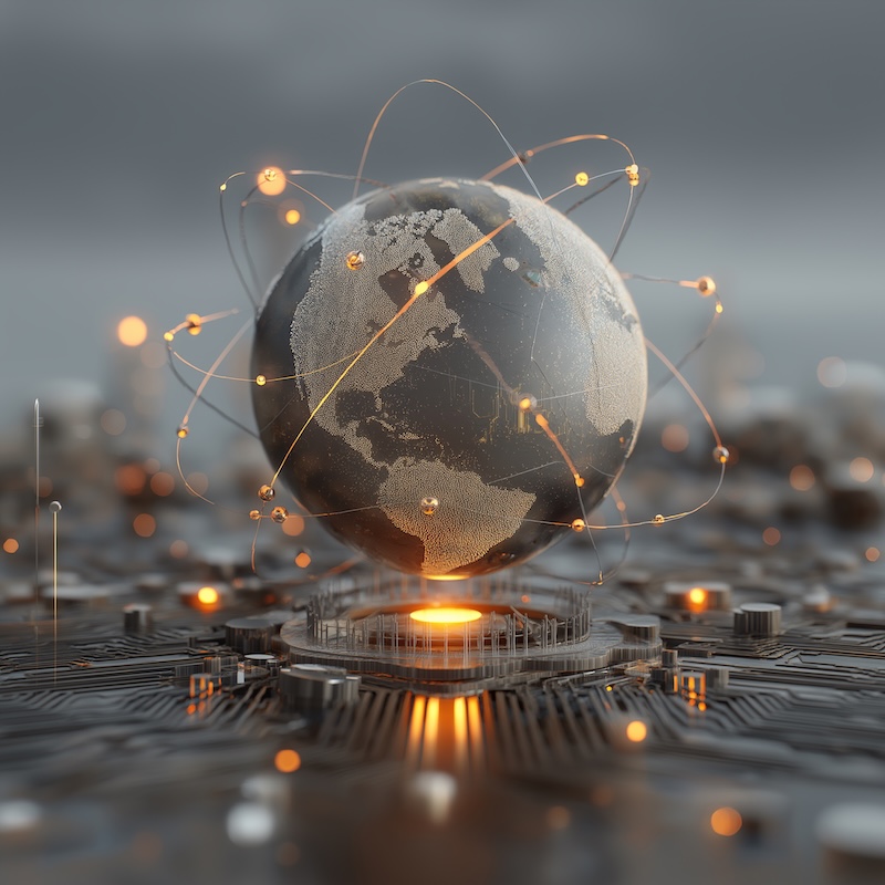 Midjourney 7.0: A sci-fi illustration of a quantum circuit and a connected globe, HD
