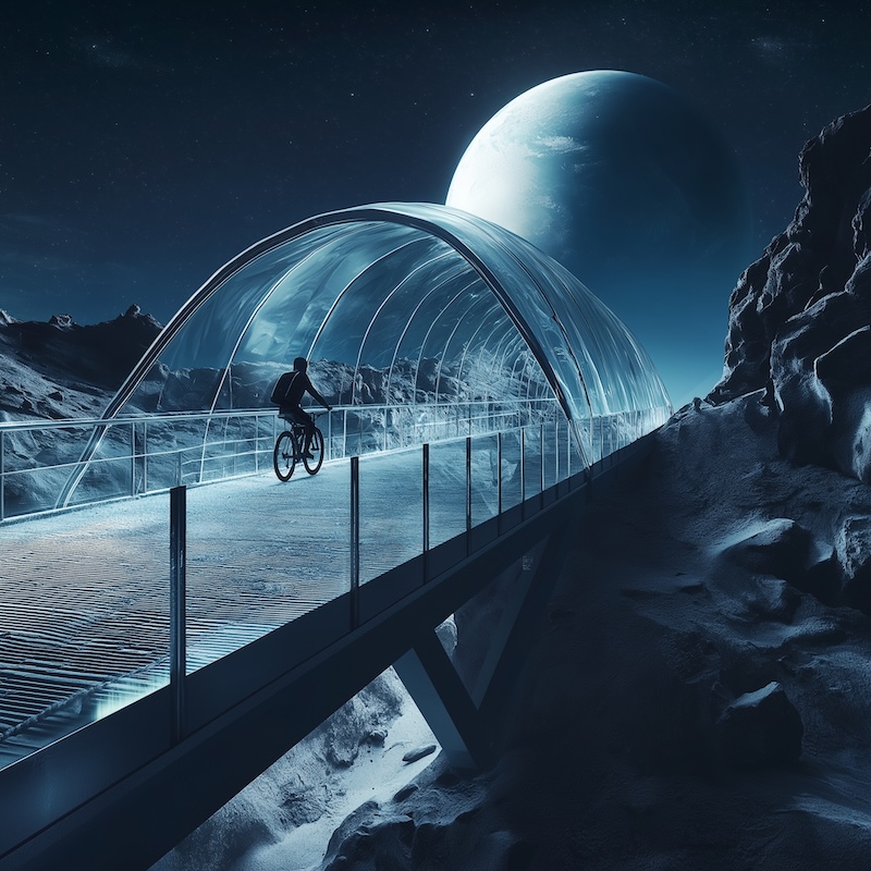 Midjourney 6.1: A covered cristal bridge from the Earth to the Moon with a bicyclist riding on it. Sci-fi, HD --v 6.1