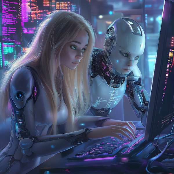 Elena and silver-color Cyborg code together on a big computer, summer colors, HD --v 6.1, Midjourney April 2025