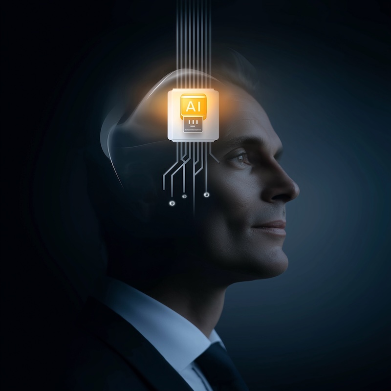 Generated by Midjourney. Prompt: Human head with a glowing AI chip — intelligence augmented by silicon.
