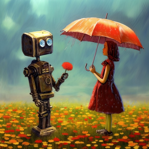 Midjourney, July 2023: Robot and a girl with umbrella
