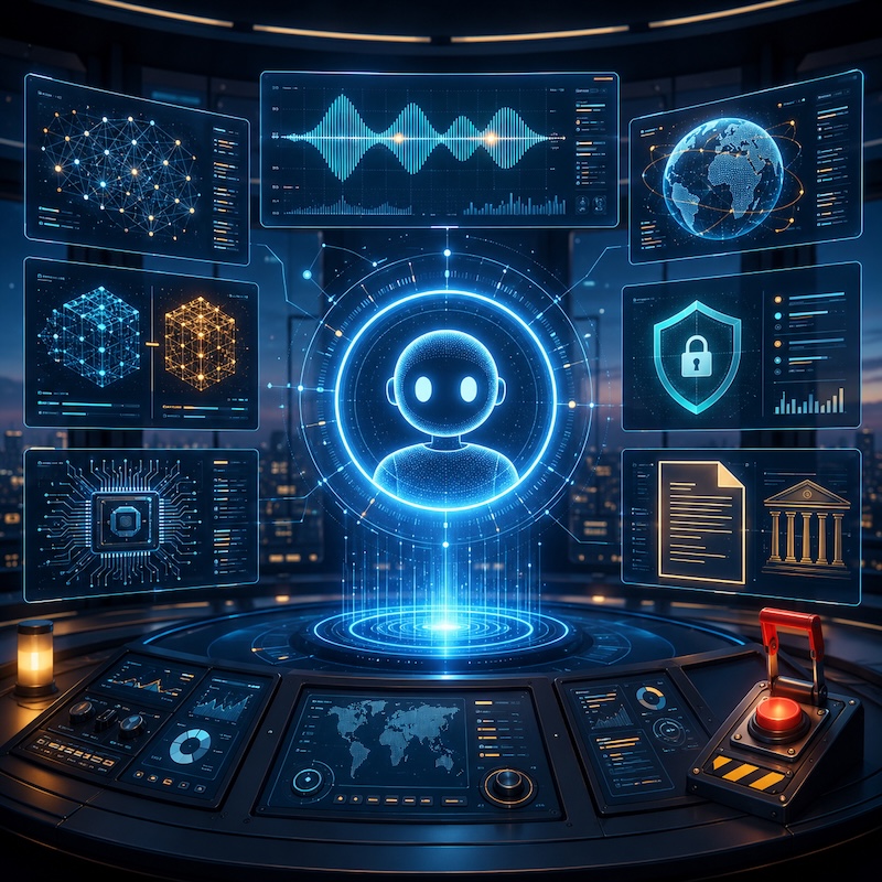 OpenAI: A futuristic AI signals command centre with a central assistant, global network monitoring, model comparisons, cybersecurity, policy panels, and an emergency control switch.