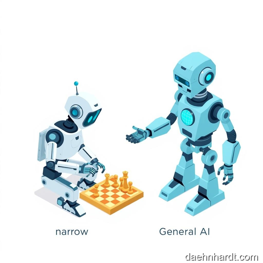 Narrow AI specializes in one task, General AI can do anything