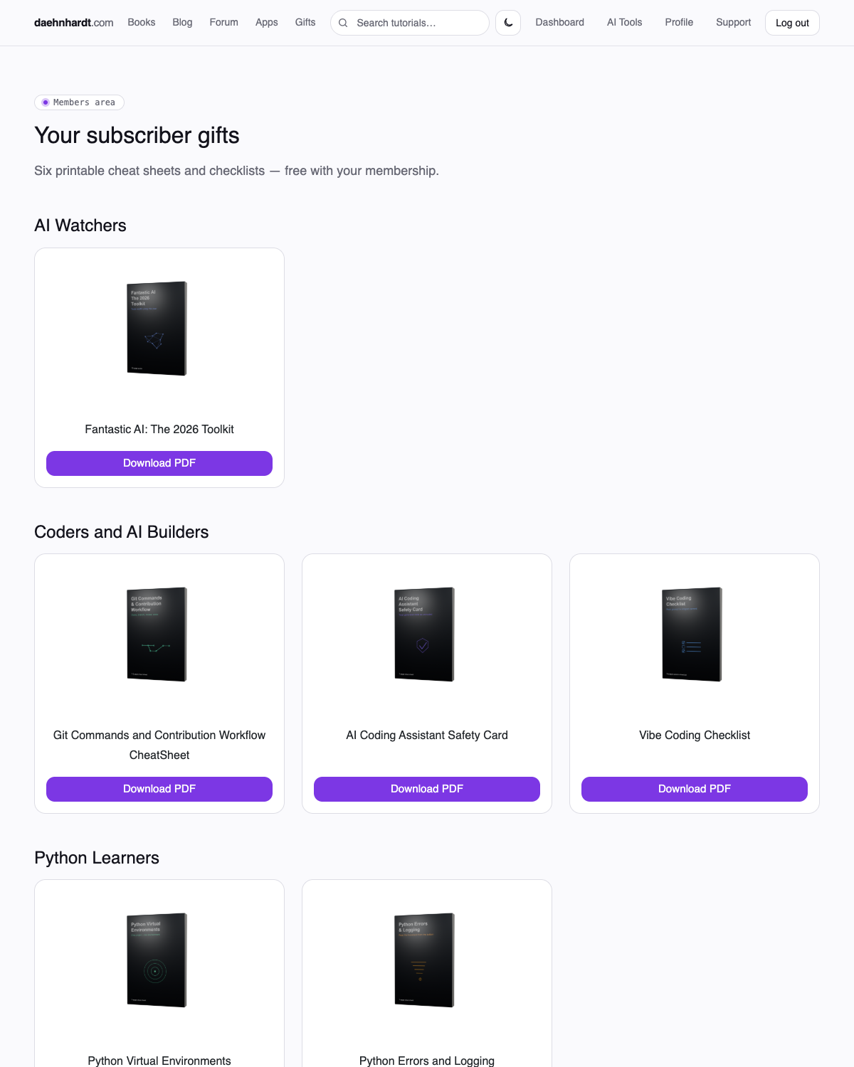 The portal's Gifts page, showing free PDFs already grouped into AI Watchers, Coders and AI Builders, and Python Learners
