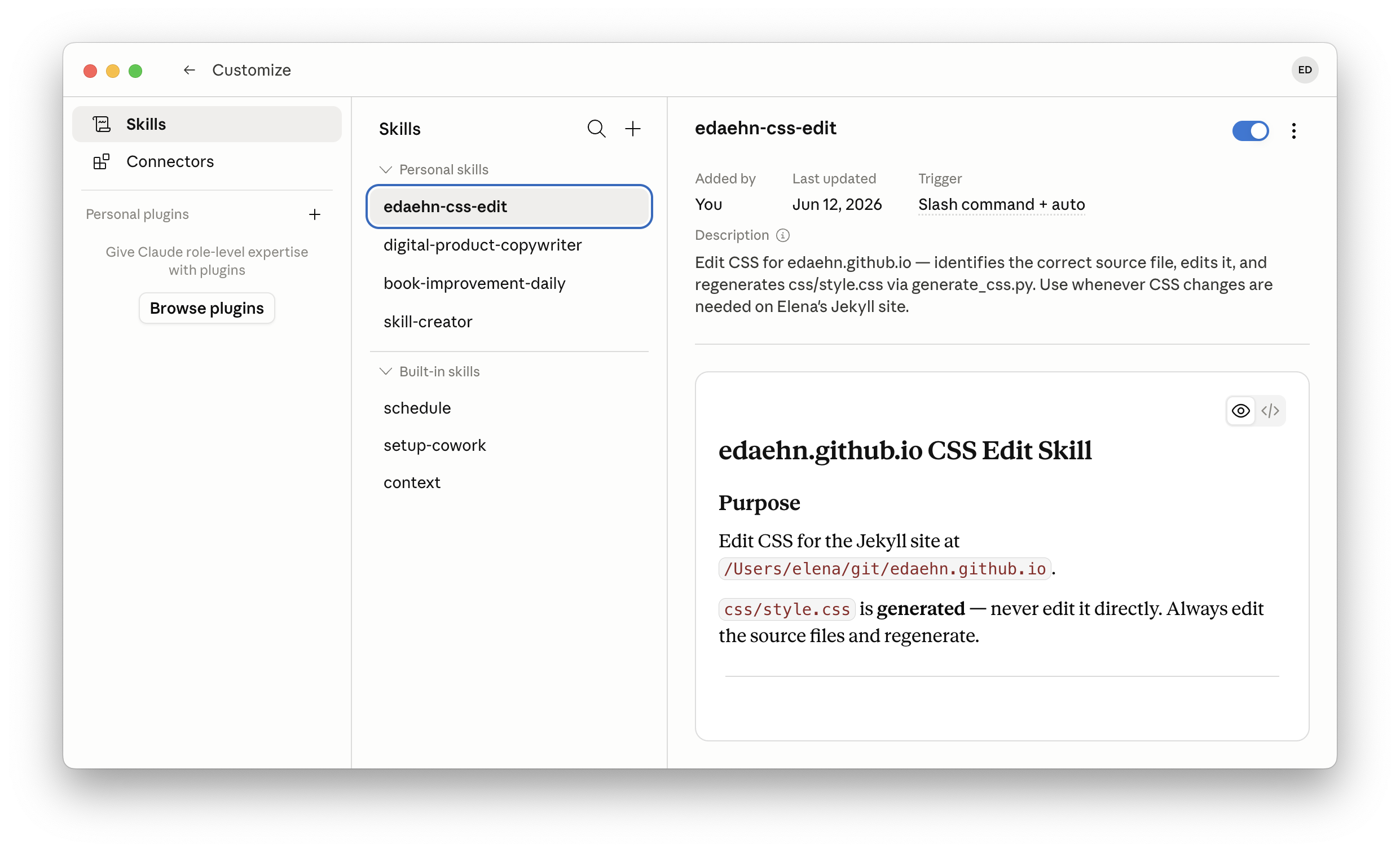>Managing skills in Claude Desktop, June 2026
