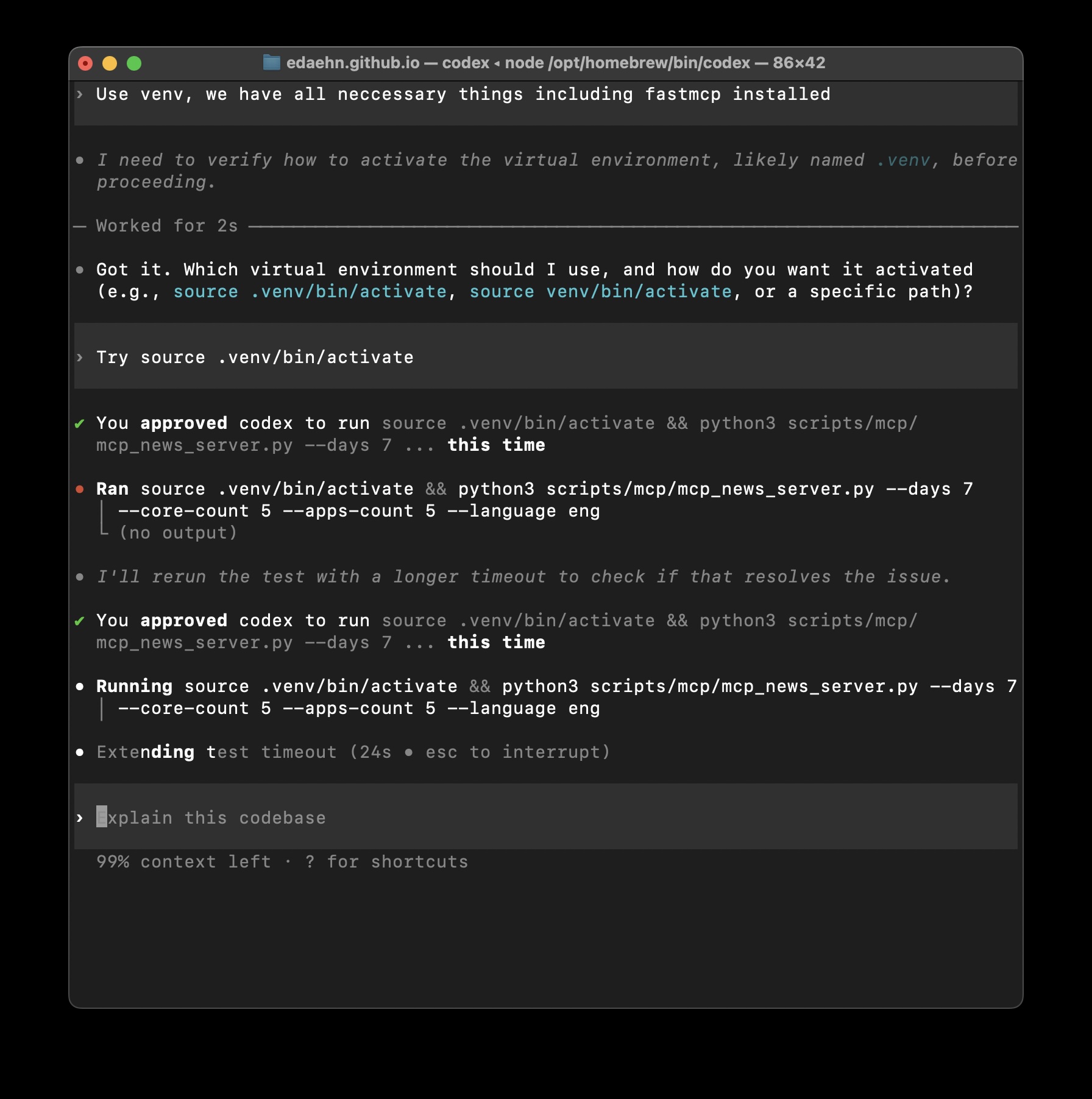 Codex CLI is running my MCP server script to retrieve recent news on AI