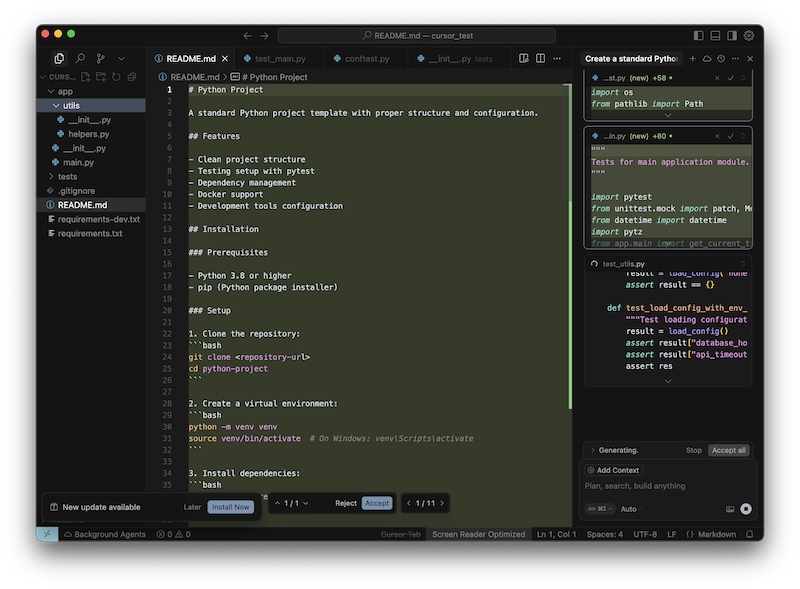 Cursor creates a Python scaffold project