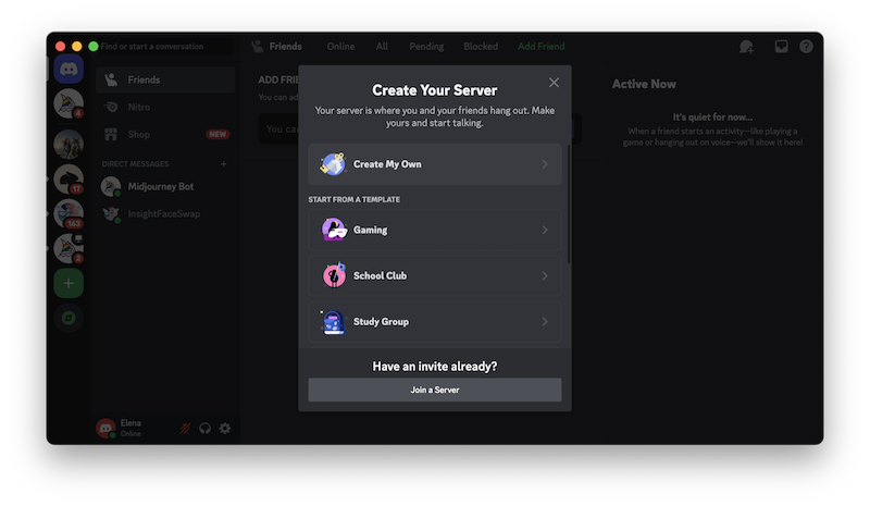 Discord, adding a server with Create My Own