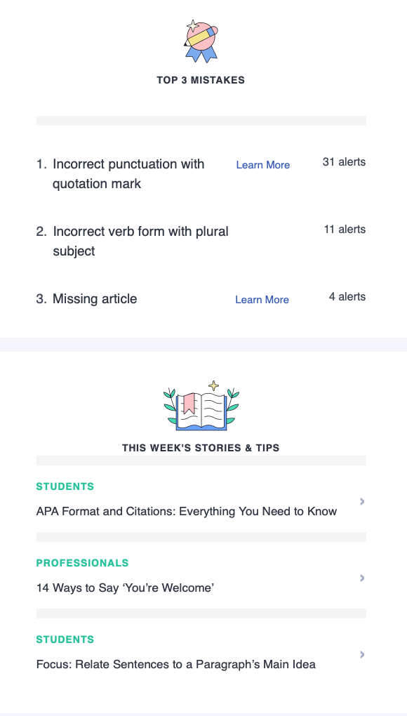 Grammarly Insights, top mistakes