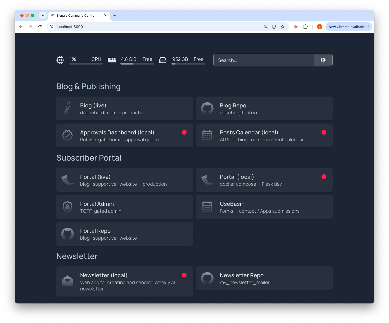 Elena's Command Centre with Homepage