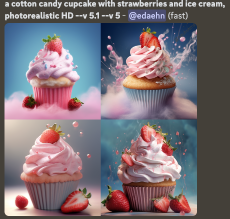 Midjouney: a cotton candy cupcake with strawberries and ice cream, photorealistic HD