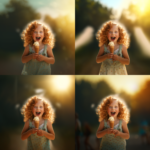 Midjouney v 5.2 zuum 2x:  a beautiful 5 year old happy girl with golden curls eating an ice cream cone, photorealistic, rim light