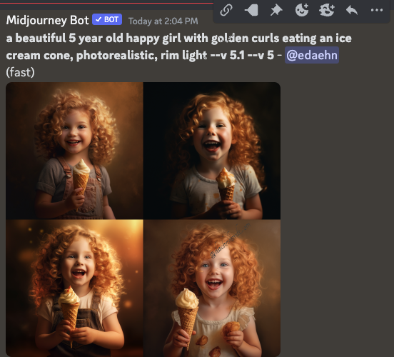 Midjouney:  a beautiful 5 year old happy girl with golden curls eating an ice cream cone, photorealistic, rim light