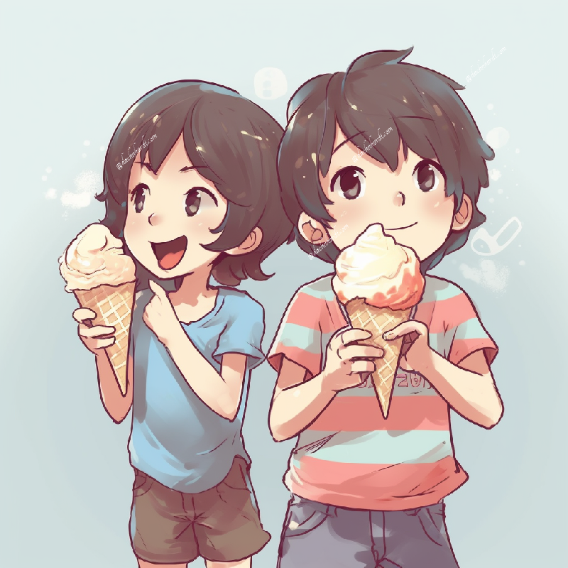 Midjouney:  Children eating ice-cream cones, japanese anime style