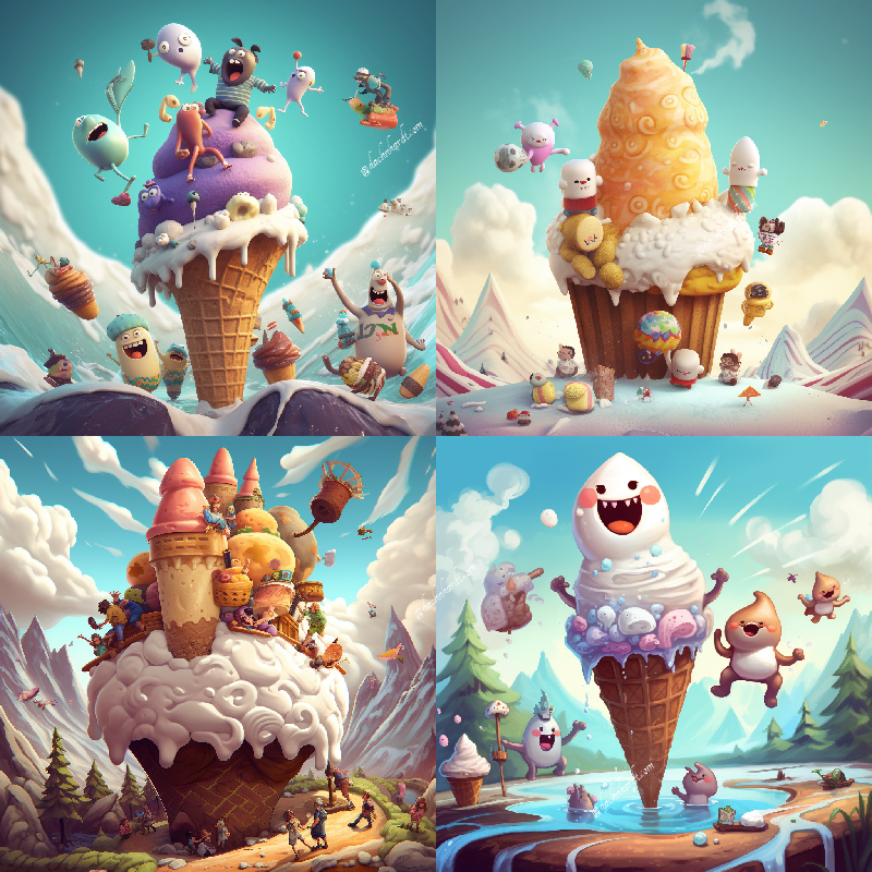 Midjouney: happy marshmallows jump on huge ice-cream cone