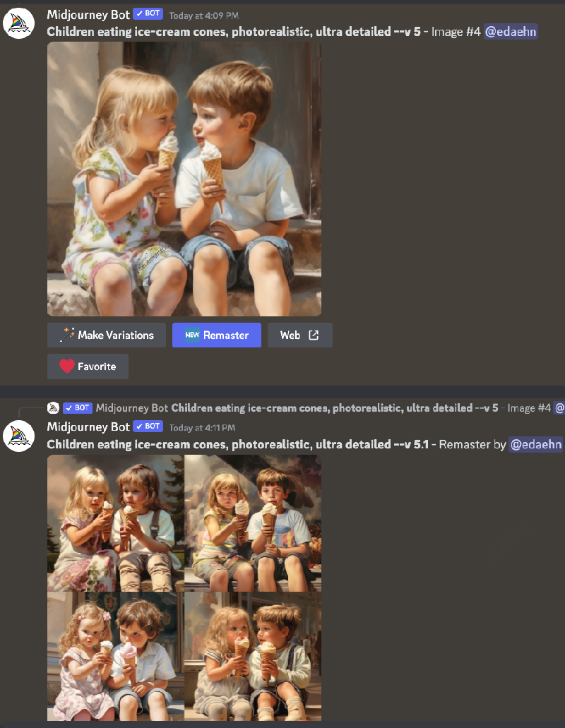 Midjouney:  Children eating ice-cream cones, photorealistic