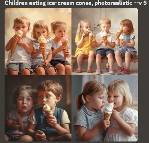 Midjouney: Children eating ice-cream cones, photorealistic