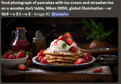 Midjouney -food photograph of pancakes with ice cream and strawberries