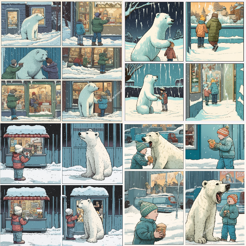 Snow falls, and children make a snowman. A polar bear eats an ice cream cone, which is covered with marshmallows, 4 panels, a vintage children’s comic book strip